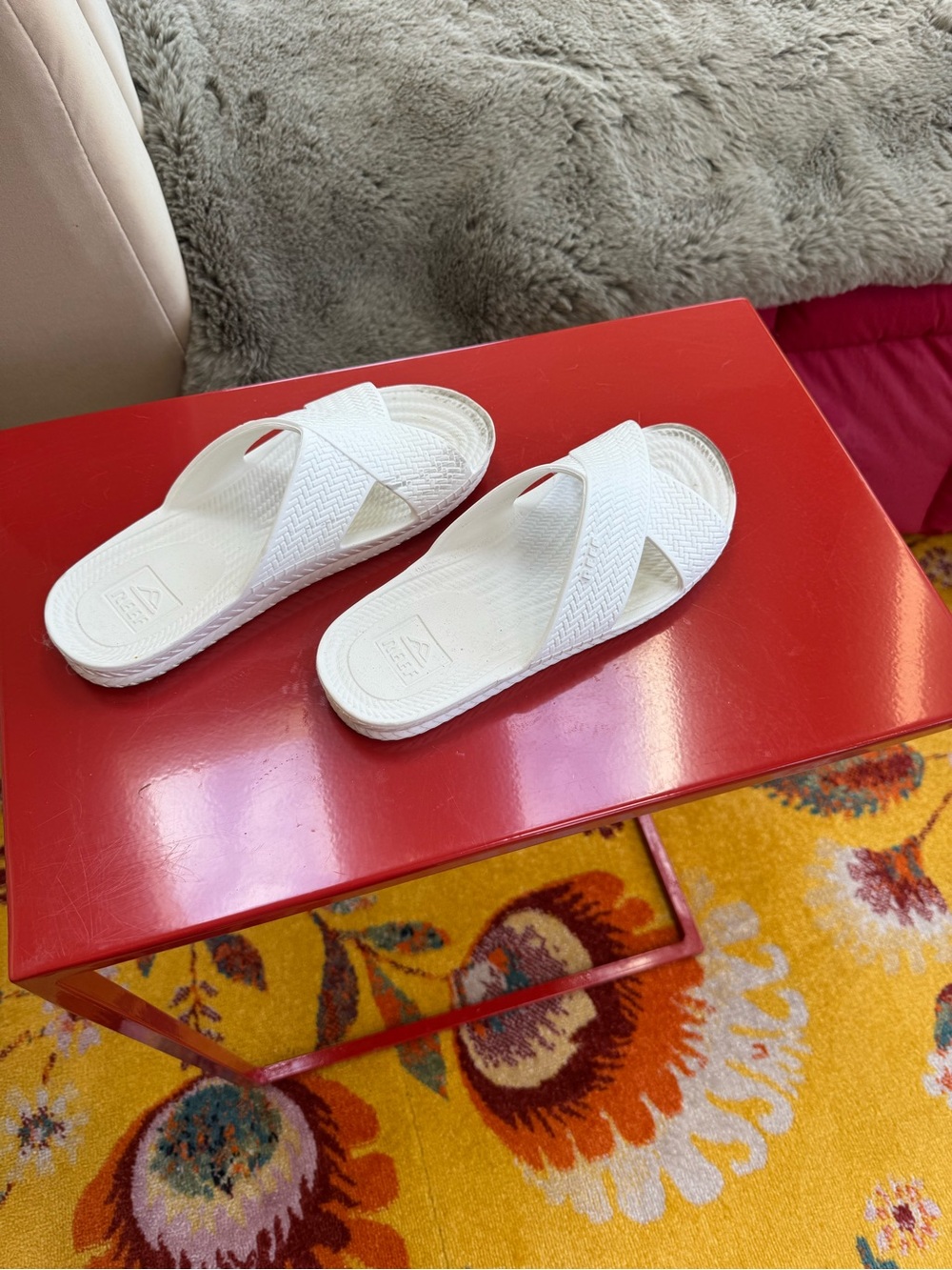 Reef White Crisscross Slide Sandals